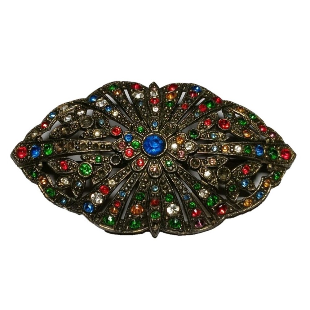 Victorian Filigree Coat Brooch Large 3" (missing some rhinestones) Vtg Art Deco